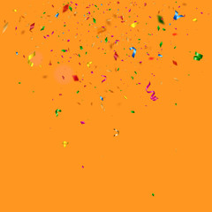 Colorful confetti falling on orange background, vector illustration