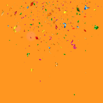 Colorful Confetti Falling On Orange Background, Vector Illustration