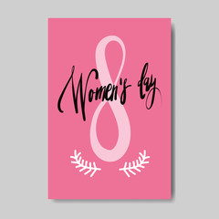 Happy 8 March Poster Postcard Or Greeting Card With Hand Drawn Lettering On Pink Background Vector Illustration