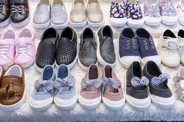 Variety of fashionable children shoes selling in the Dong Dae Mun fashion street in South Korea