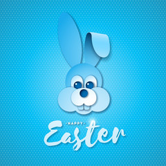 Vector Illustration of Happy Easter Holiday with Nice Rabbit Face and Hand Lettering Typography on Blue Background. International Celebration Design for Greeting Card, Party Invitation or Promo Banner
