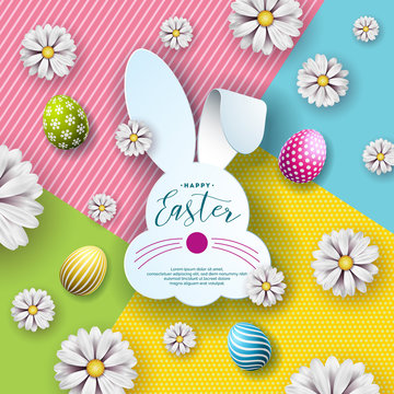 Vector Illustration of Happy Easter Holiday with Nice Rabbit Face Silhouette and Typography Letter, Flower, Painted Egg on Abstract Color Background. International Celebration Design for Greeting Card