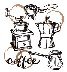 Hand drawn doodle coffee set