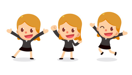 Set of tiny business woman character in actions. Happy woman.