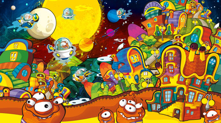 cartoon scene with some funny looking alien flying in alien machine - white background - illustration for children