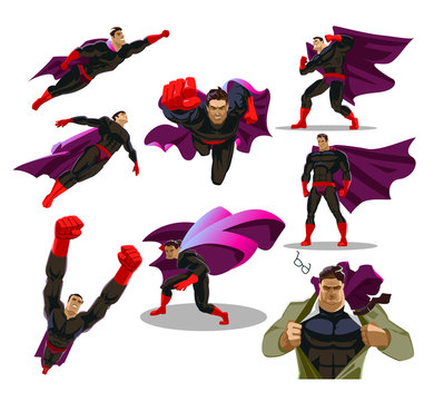 Comic superhero actions in different poses. Male super hero vector cartoon characters. Set or collection of heroic cartoon character.