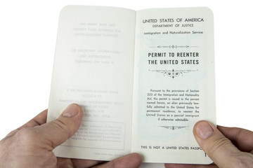 Permit to reenter the United States. White passport.