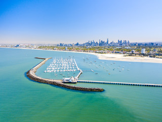 St Kilda beach aerial with Melbourne City Skyline in the background
