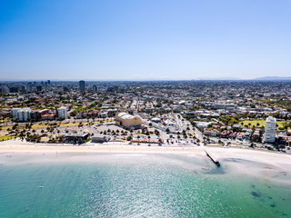 St Kilda beach aerial with Melbourne City Skyline in the background