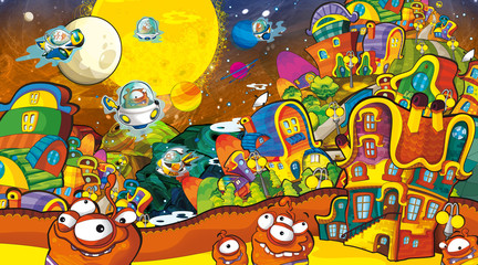 cartoon scene with some funny looking alien flying in alien machine - white background - illustration for children