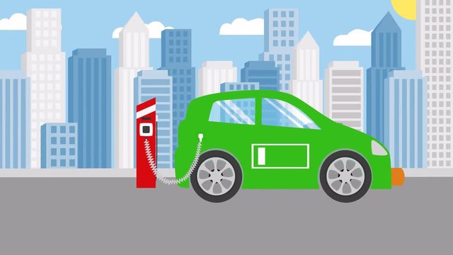 an electric car is refueled against the background of the city. footage