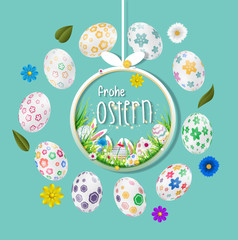 Fototapeta na wymiar Bunte Ostereier. Frohe Ostern. Happy easter image vector. Modern happy Easter background with colorful eggs, bunny, rubbit, and spring flower. Template Easter greeting card, vector.
