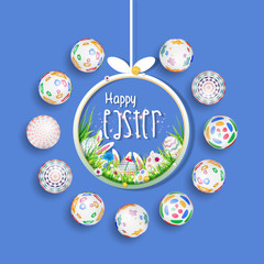Happy easter image vector. Modern happy Easter background with colorful eggs, bunny, rubbit, and spring flower. Template Easter greeting card, vector.
