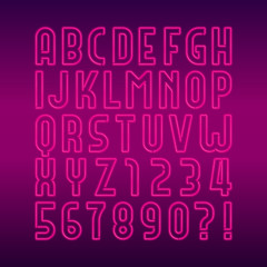 Neon lamp alphabet font. Neon color bright letters, numbers and symbols. Stock vector typeface for any typography design.