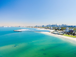 St Kilda beach aerial with Melbourne City Skyline in the background