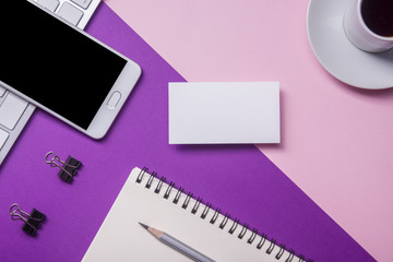 Office desk table with supplies. Flat lay Business workplace and objects. Top view. Copy space for text
