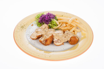 chicken breast stuffed with mushroom sauce and french fries