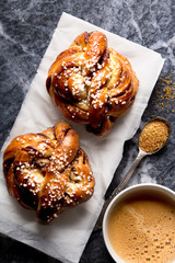 Sweet pastry cake on a white plate. Bakery product breakfast