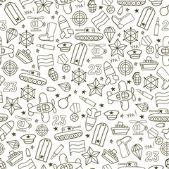 Seamless vector pattern of military icons on a white background. Wrapping paper. Defender of the Fatherland Day - Russian national holiday on 23 February.