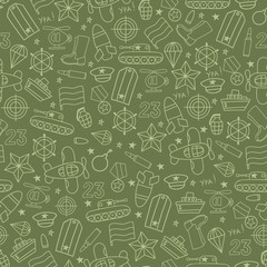 Seamless vector pattern of military icons on a white background. Wrapping paper. Defender of the Fatherland Day - Russian national holiday on 23 February.