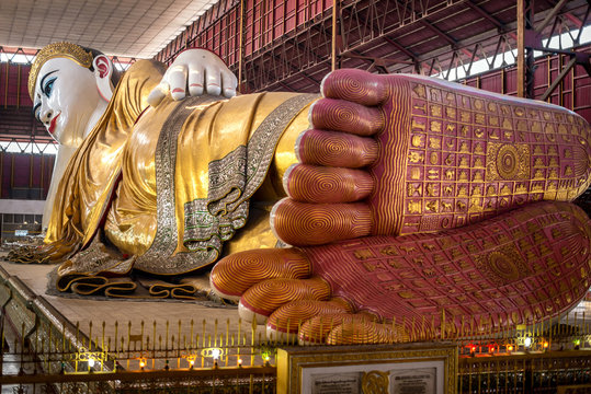 Beautiful reclining buddha image Chauk htat gyi reclining buddha (sweet eye buddha), yangon, myan
