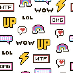 Vector pattern - pixel 80s-90s style design. Isolated illustrations - great for stickers, embroidery, badges. Set of colorful cartoon badges.