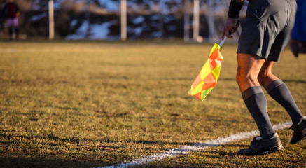 Soccer referee assistant moves at sideline with flag at hands. Blur green field,nature backdrop,...