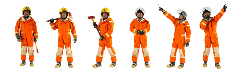 Fototapeta premium Firefighters portrait multi action on white background, with axe, pipe and walkie-talkie