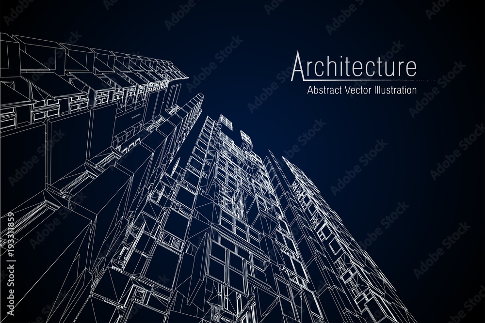 Aufkleber modern architecture wireframe. concept of urban wireframe. wireframe building illustration of archit