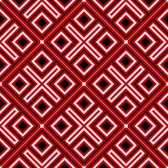 Geometric seamless pattern. Black and white elements on red background