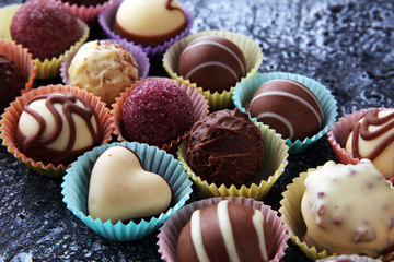 a lot of variety chocolate pralines, belgian confectionery gourmet chocolate.