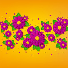 Bright spring floral background with 3d pink and purple cut out paper flowers on yellow background. Vector illustration