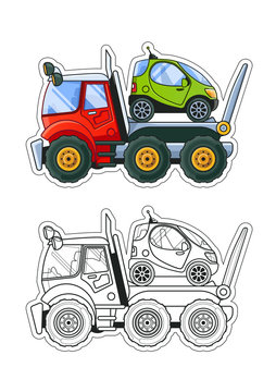 Towing Truck with a Tiny Car Side View Coloring Book. Colored Illustration + Line Art.