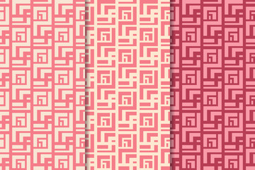 Set of geometric ornaments. Cherry red seamless patterns