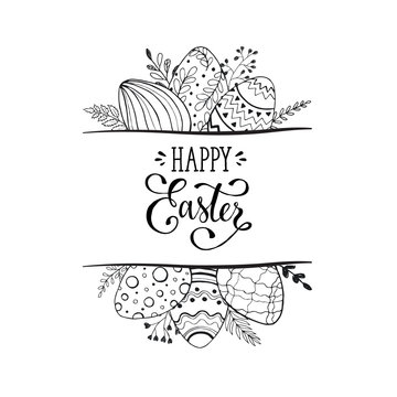 Happy Easter greeting card isolated on white background. Easter eggs composition hand drawn black on white. Decorative vertical frame from eggs with leaves and calligraphic wording.