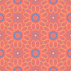 Flower design seamless pattern. Bright yellow and blue flower elements on salmon red background