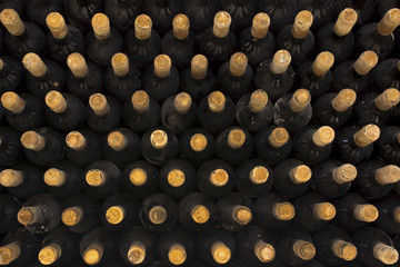 Wine bottles background top view
