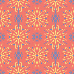 Flower design seamless pattern. Bright yellow and blue flower elements on salmon red background