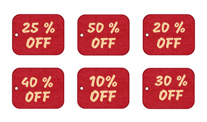 Set of price tags, labels. Design elements of promotion. Promotional offers, sale. Suitable for discount cards, advertisement flyer, coupon, sale sticker. Vector with numbers and percent symbol.