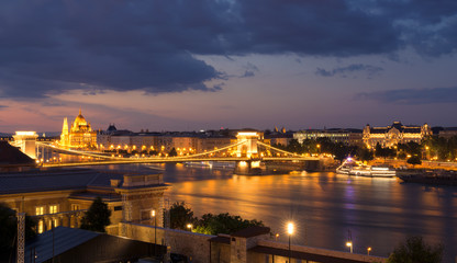 Budapest night panorama with Chain bridge and Parliament across Danube