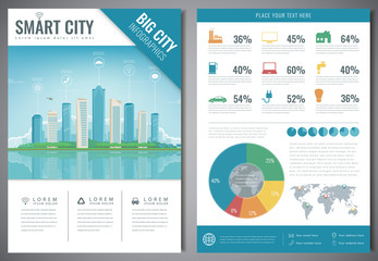 Smart city brochure with infographic elements. Template of magazine, poster, book cover, banner, flyer. Big city life concept. Vector