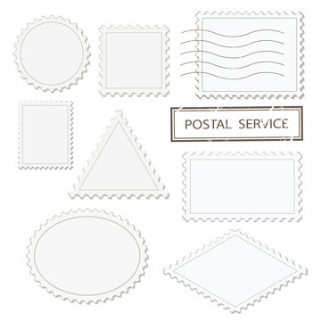 Blank postage stamps different shapes set - triangle, square, round, oval, rhombus. Isolated on white.