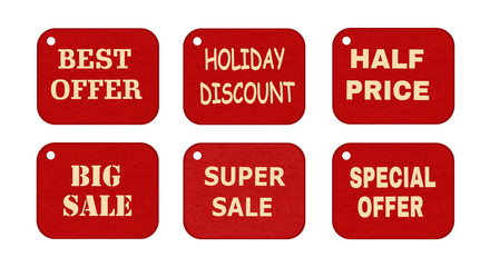 Set of price tags, labels. Vector illustration of design elements of promotion. Promotional offers, seasonal and holiday sale. Suitable for discount cards, advertisement flyer, coupon, sale sticker.