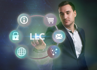 Business, Technology, Internet and network concept. Young businessman working on a virtual screen of the future and sees the inscription: LLC