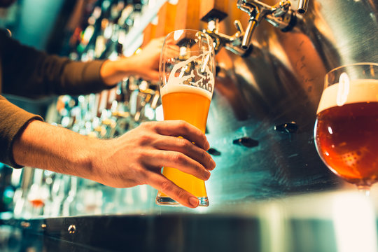 Hand of bartender pouring a large lager beer in tap.