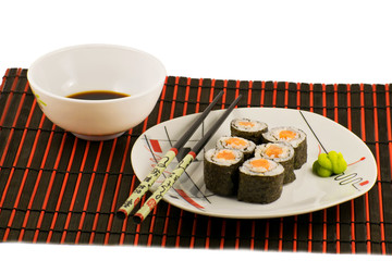 Sushi rolls on a white plate. Delicious traditional Japanese rolls close-up.