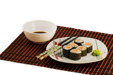 Sushi rolls on a white plate. Delicious traditional Japanese rolls close-up.