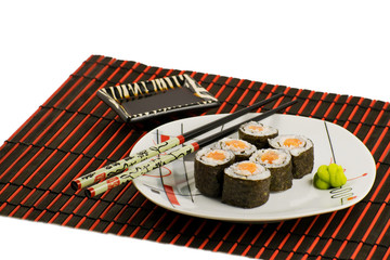 Sushi rolls on a white plate. Delicious traditional Japanese rolls close-up.