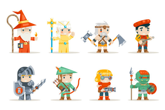 Warrior mage elf priest archer barbarian berseker bard tribal orc engeneer inventor rifleman fantasy RPG game characters isolated icons set vector illustration