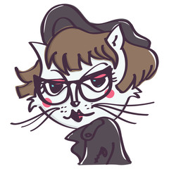 Hipster white cat with glasses and black jacket, isolated vector cartoon on white background